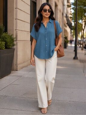 JESSICA SIMPSON Women's Blue Crinkle Gauze Short Sleeve Button-Down Top XXL